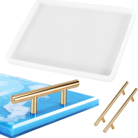 Silicone Mold Tray Geode 1pcs Agate Platter Molds and 2pcs Gold Handles, Epoxy R - Picture 1 of 7